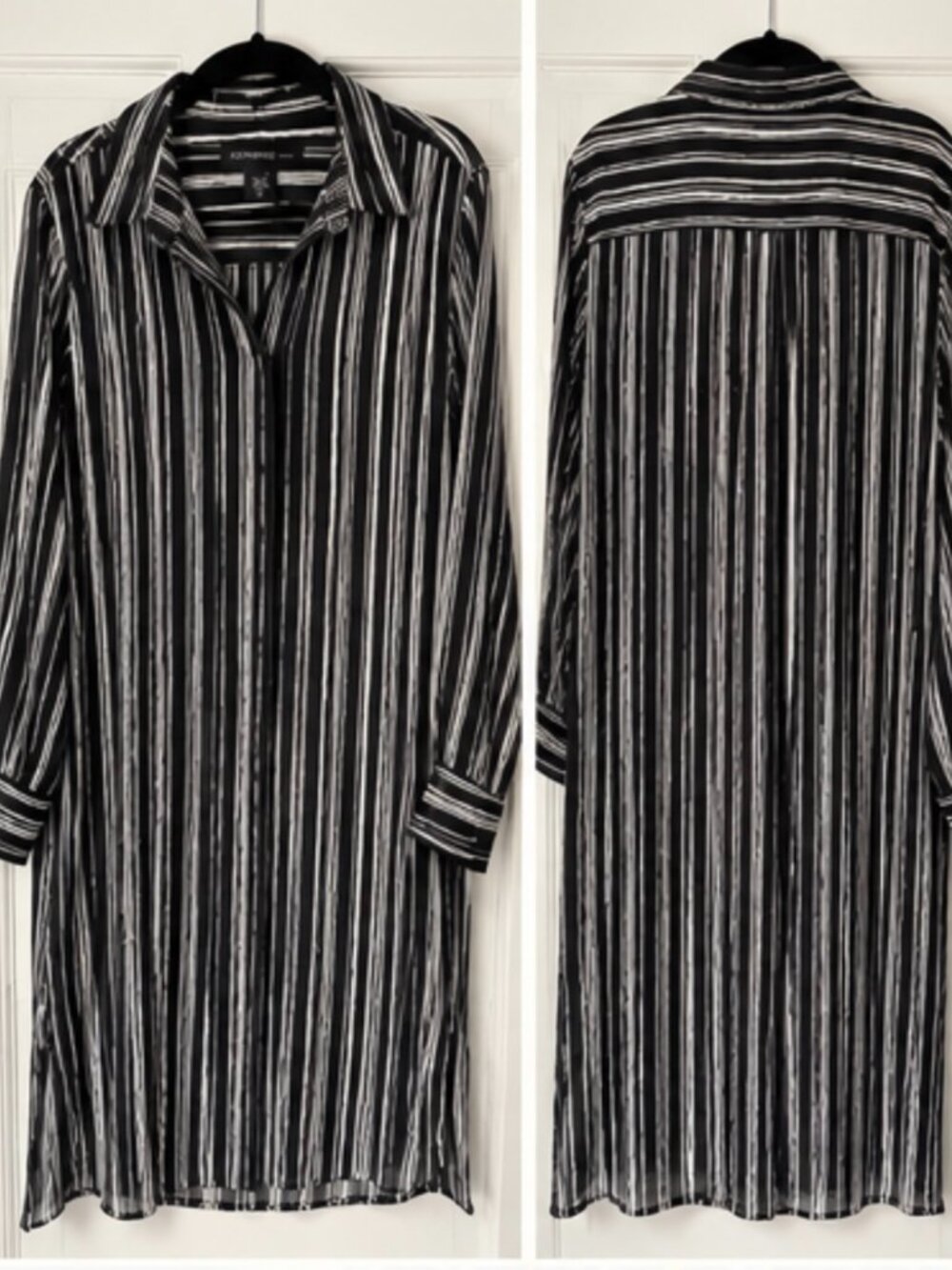 Joan Vass Black & White Striped Sheer Long Sleeve Tunic Blouse